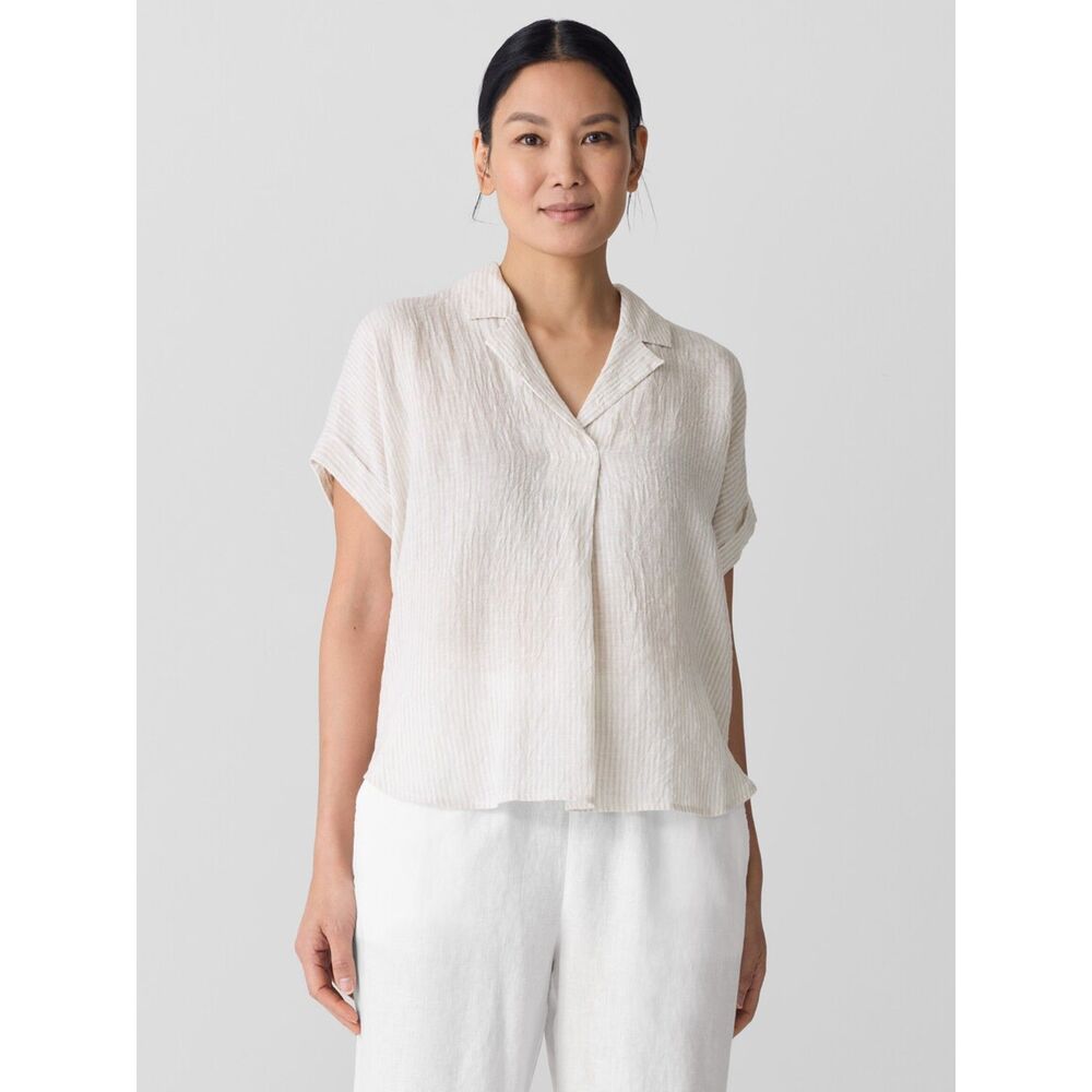 Eileen Fisher Cream Short-Sleeve Crinkle Button-Front Blouse